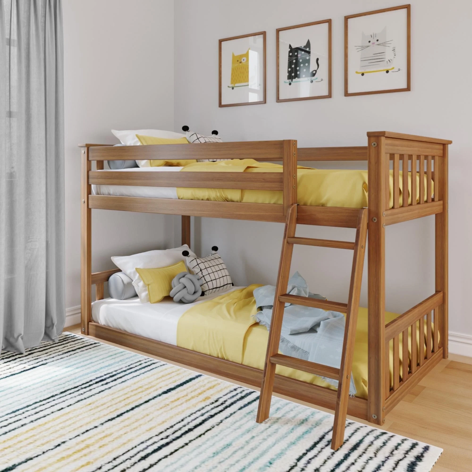 Max & Lily Classic Twin over Twin Bunk Bed for Kids, Solid Wood Low Bunk Beds with Ladder for Small Room, Pecan