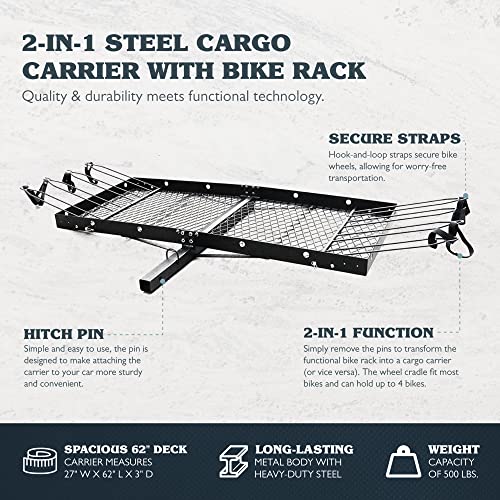 Tow Tuff 62-Inch Steel Cargo Carrier with Bike Rack, 500 lb Capacity, Black - 2-in-1 Rear Hitch Mount for Car, Truck or SUV with 2-Inch Receiver