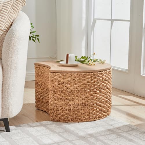 Round Nesting Coffee Table Set of 2 with Storage - Handwoven Wicker Rattan Ottoman Style, Boho Coastal Coffee Tables for Living Room