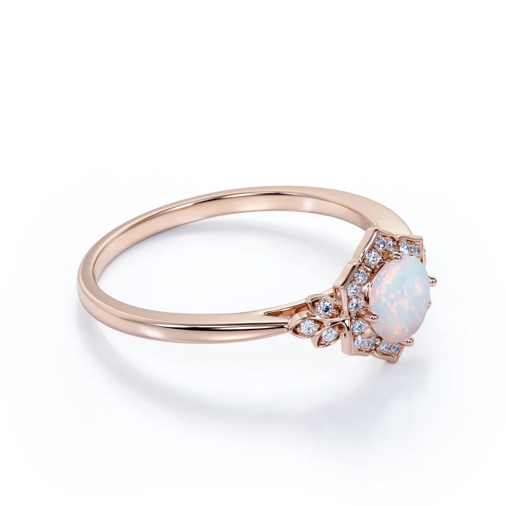 JeenMata Vintage 1.75 ct Round Ethiopian Opal and Moissanite Engagement Ring in 18K Rose Gold over Silver