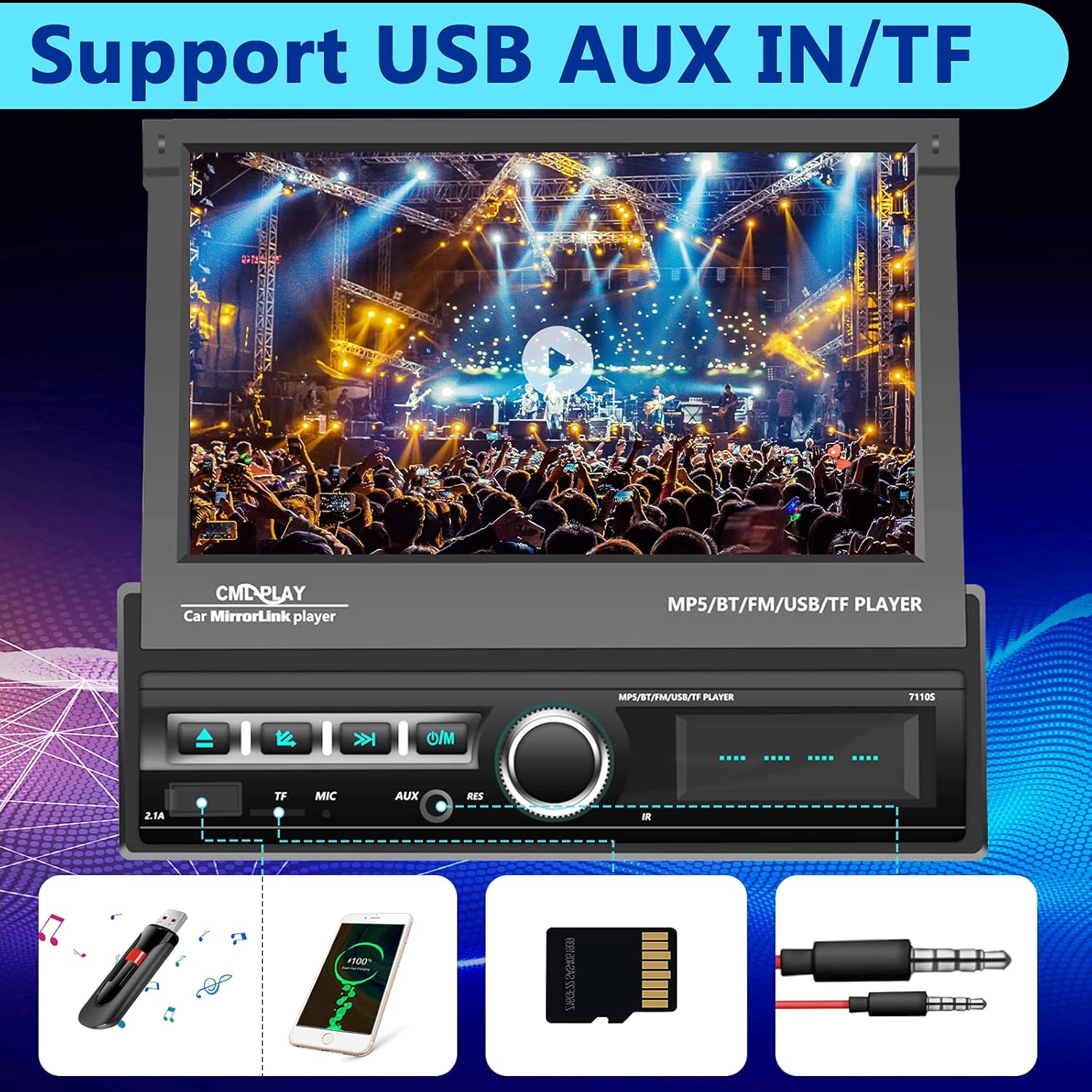 Podofo Single Din Car Stereo Bluetooth 7 Inch Motorized Flip Out Touchscreen Car Radio in Dash Head Unit Support FM AUX USB SD Mirror Link with