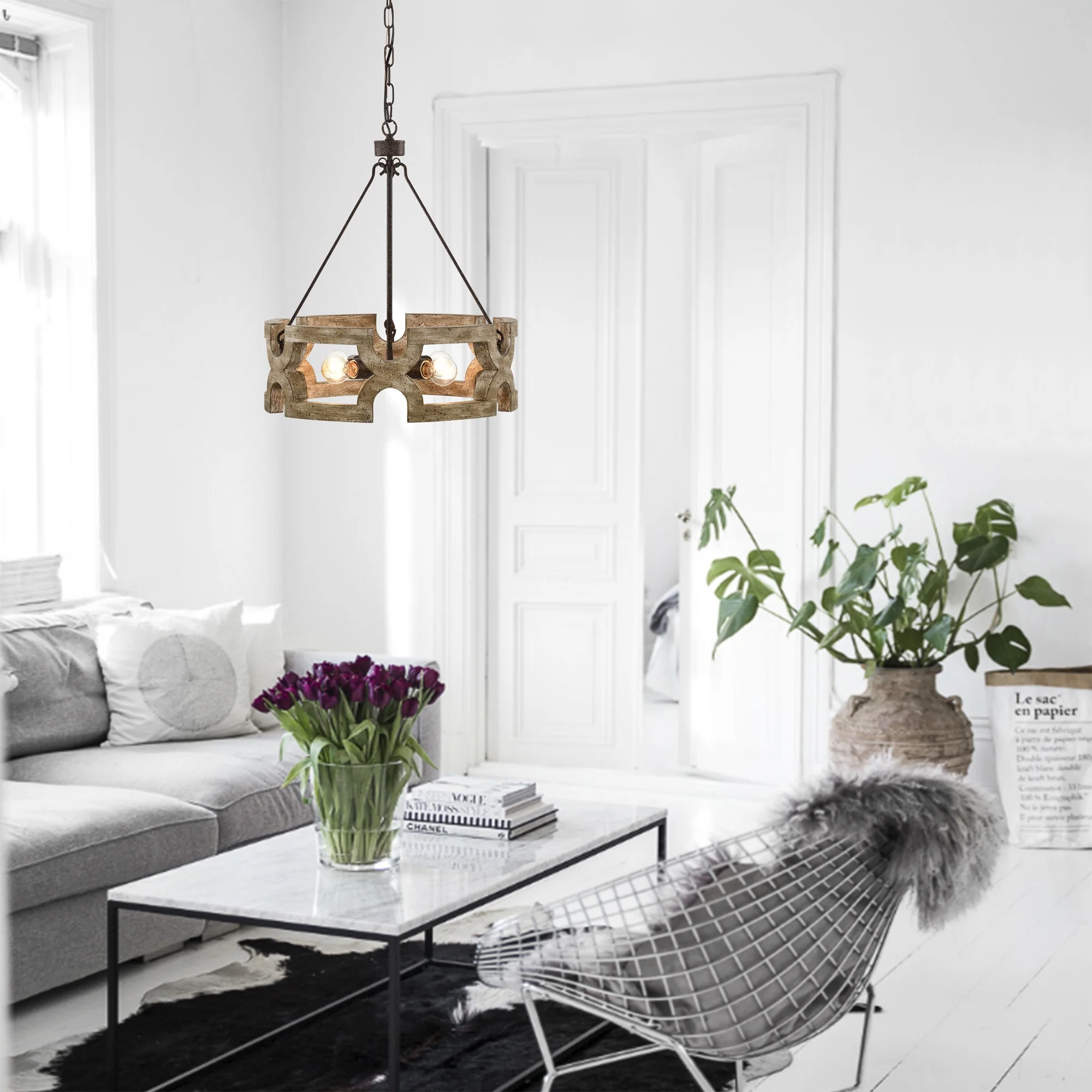 Warehouse of Tiffany Aarti Rustic Farmhouse 4 Light Wood Grain Paint Chandelier Pendant 19 Inch.