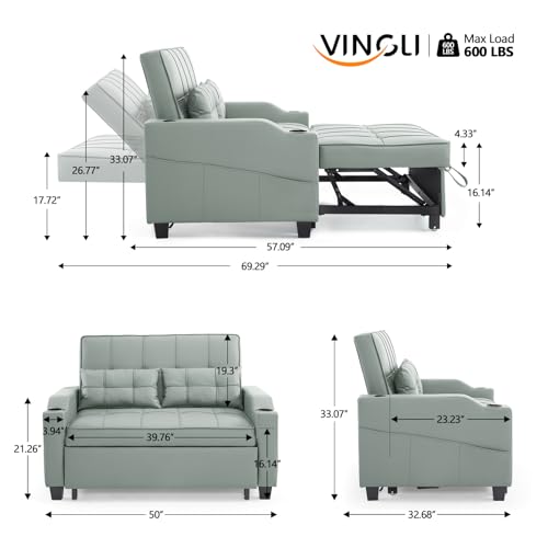 VINGLI Light Green Futon Sofa Bed Convertible Loveseat Sleeper Couch, Faux Leather Pullout Sofa Fold Out Couch Bed with USB Ports, Cup Holders