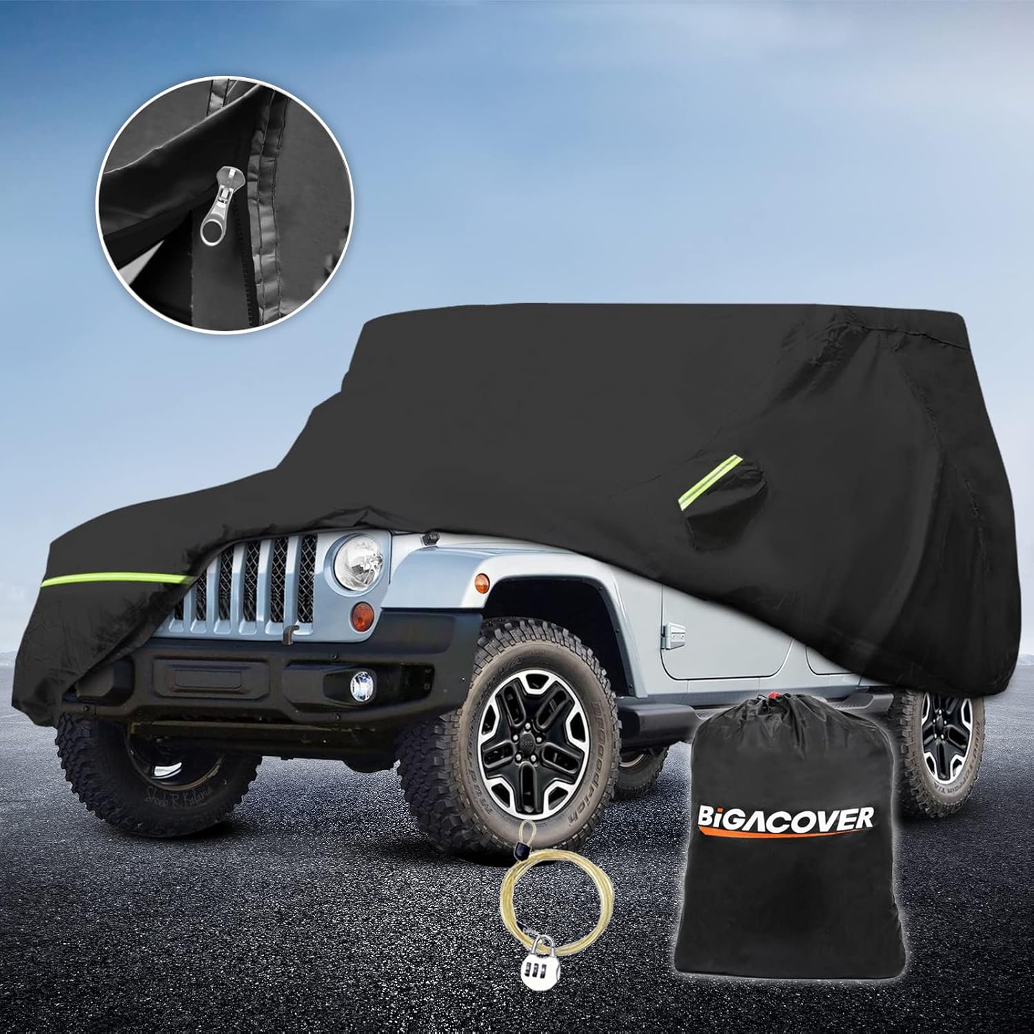 for Wrangler Car Cover Snow Proof All Weather Protection Waterproof Sun Rain UV Protection SUV Cover with Zipper Compatible with Jeep Wrangler