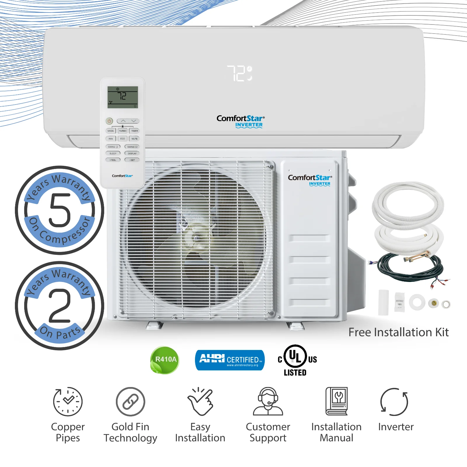 18,000 BTU 17 SEER2 Ductless Mini-Split Inverter+ Air Conditioner Heat Pump System Full Set 220V. - Radiant Selections