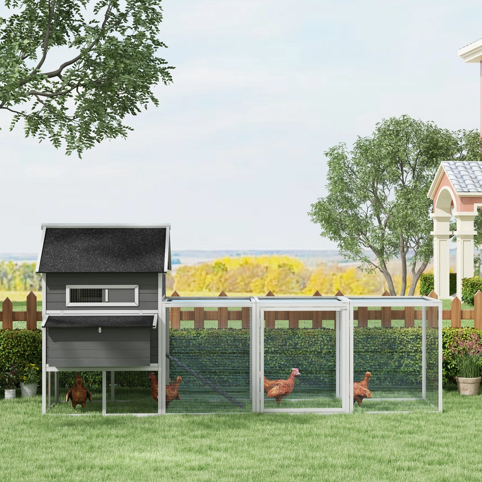 PawHut 137" Wooden Chicken Coop for 8-10 Chickens, Backyard, Gray - Curated Treasures Market