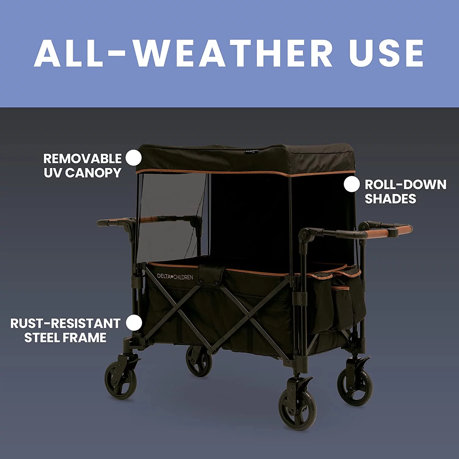 Delta Children Hercules Stroller Wagon for 2 Kids Versatile Stroller Wagon with Canopy, Push/Pull Handles