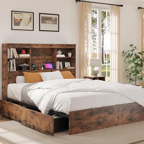 GarveeHome Full Size Bed Frame with High Storage Bookcase Headboard, Wood Bed Frame with 4 Storage Drawers, Built in Charging Station