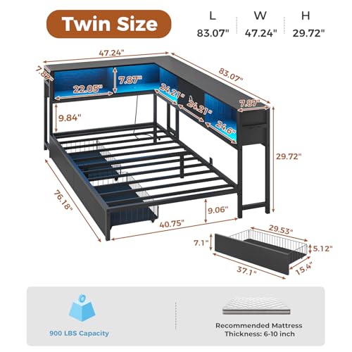 DICTAC Corner Full Bed Frame with Bookcase Storage and Led Lights Full Size Metal Platform Bed Frame with Storage Drawers & Charging Station Full