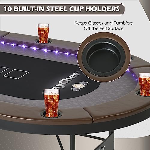 LED Poker Table, 10 Player Foldable Texas Holdem Table w/Inlaid LED Light, 2 USB & 2 Type-c Ports
