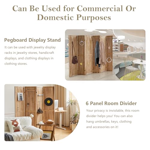 4 Panel Room Dividers and Folding Privacy Screens, 5.6Ft Wooden Pegboard Display, Privacy Dividers for Bedroom