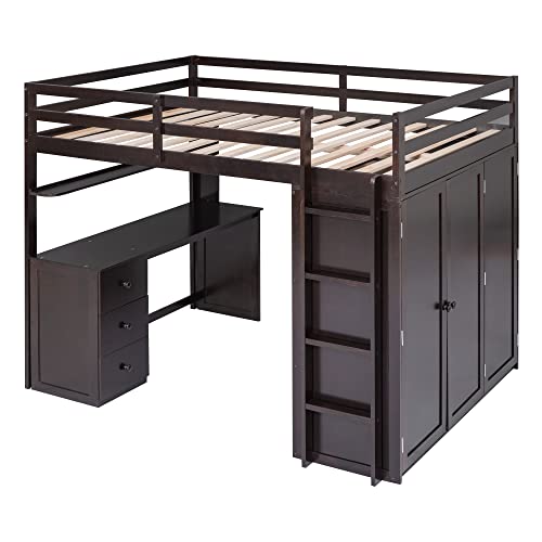Harper & Bright Designs Full Loft Bed with Desk and Wardrobe,Solid Wood Loft Bed Frame Full with Storage Drawers for Kids Teens Adults