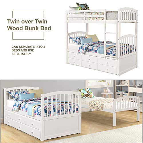 Harper & Bright Designs Twin Over Twin Bunk Bed with Trundle, Wooden Bunk Bed with 3 Storage Drawers and Safety Rail, Can be Convertible to 2 Beds