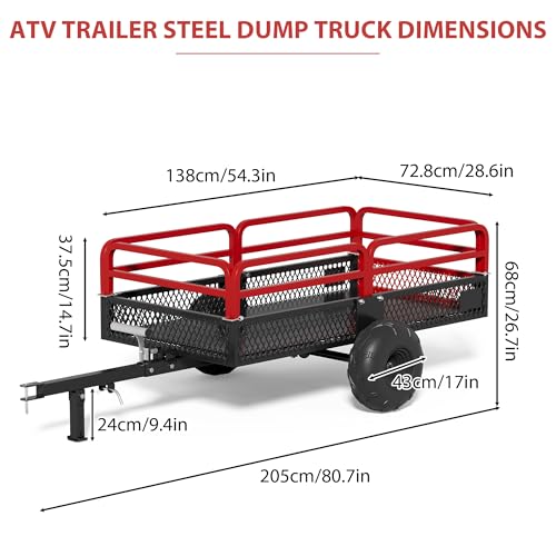 Heavy Duty Steel Dump Cart ATV Trailer, 1500 lbs 15 Cubic Feet Garden Utility Trailer W/Support & Removable Sides
