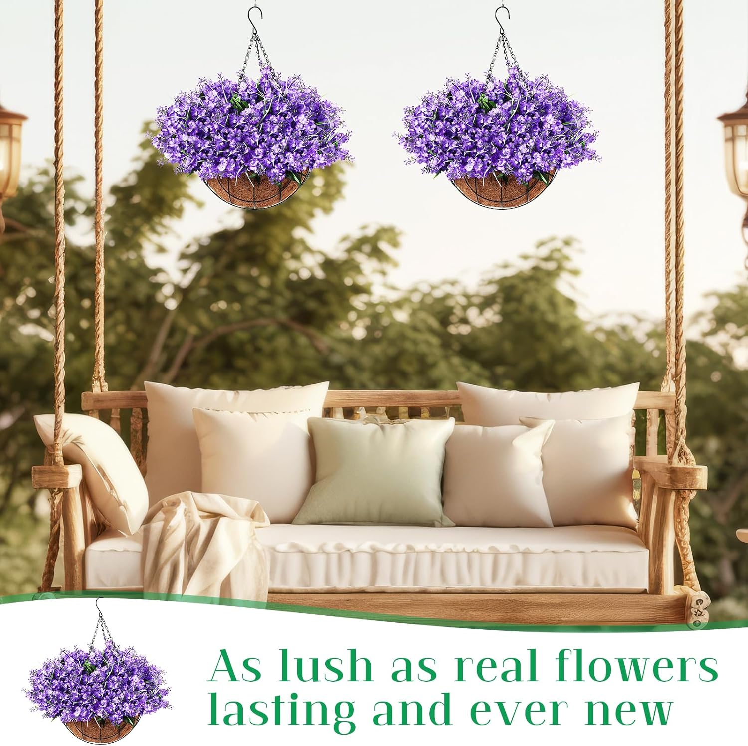 2 Pack Artificial Hanging Flowers in Basket for Spring Summer Porch Home Garden Yard Decoration Faux Hyacinth Arrangement Fake Plants in 12 Inch