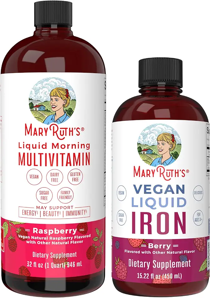 MaryRuth's Liquid Morning Multivitamin Raspberry (32oz) & Iron Liquid Supplement (Berry) | Clean Label Project Verified® | Vegan, Non-GMO