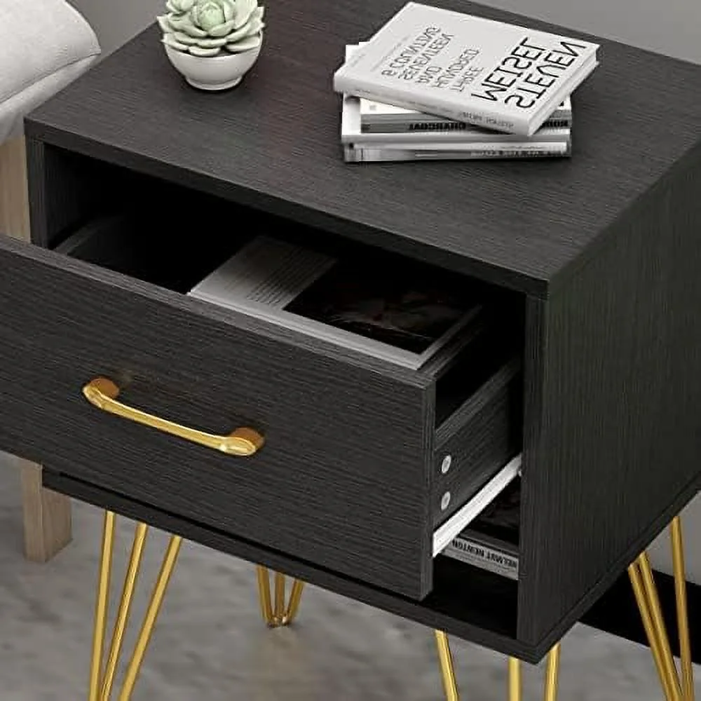 HOOMHIBIU Black Nightstand Set of 2  Wooden End Table Set with Drawer &amp;   Bed Side Table with Gold Metal Legs for Bedroom Small Space  (15.7"