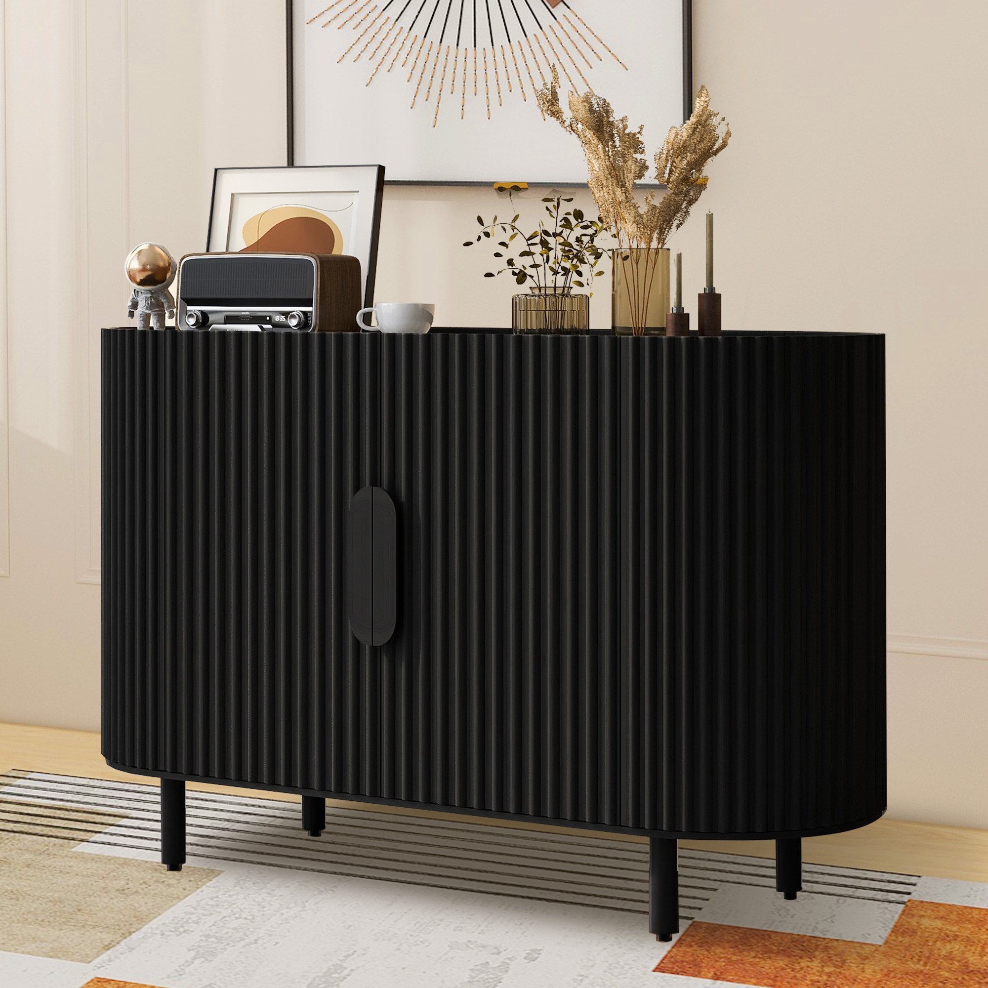 Curved Design Light Luxury Sideboard Cabinet with Adjustable Shelves,Modern Buffet Storage CabinetSuitable for Living Room,Study,Entrance(Black)