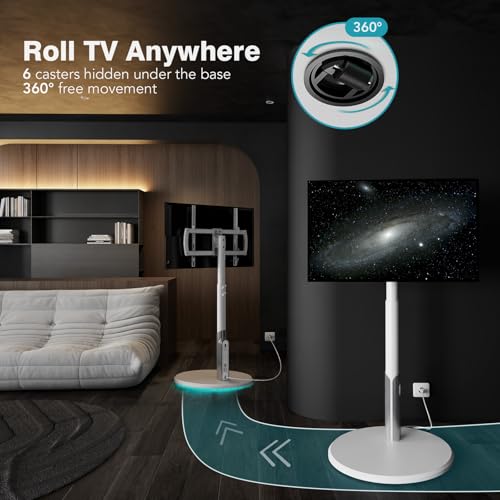 Floor Mobile TV Stand with Power Outlet, Rolling TV Cart for 27-65 Inch OLED LED Monitors, 6 Levels of Height Adjustment