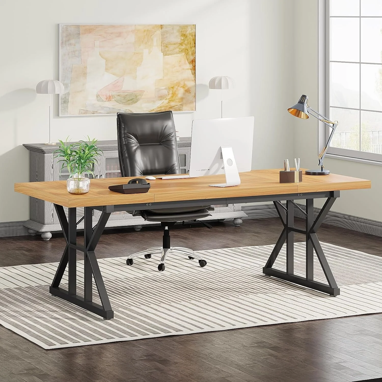 70.8-Inch Executive Desk, Large Computer Office Desk Workstation Light Walnut/Black - 70.86 L x 31.49 W