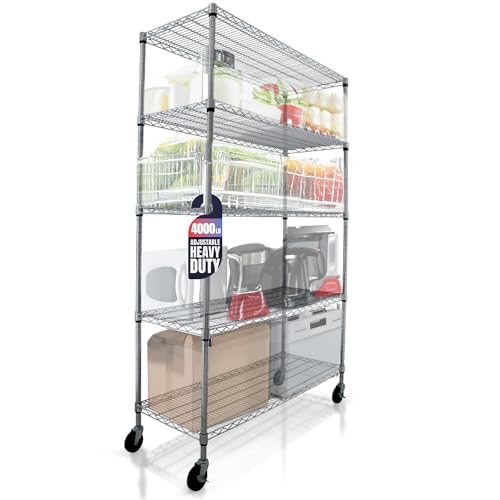 4000 LBS Heavy Duty Wire Rack 48 x 24 x 76, 5-Tier NSF Commercial Rolling Rack with Wheels, Chrome Metal Shelving Unit for Garage, Kitchen, Warehouse