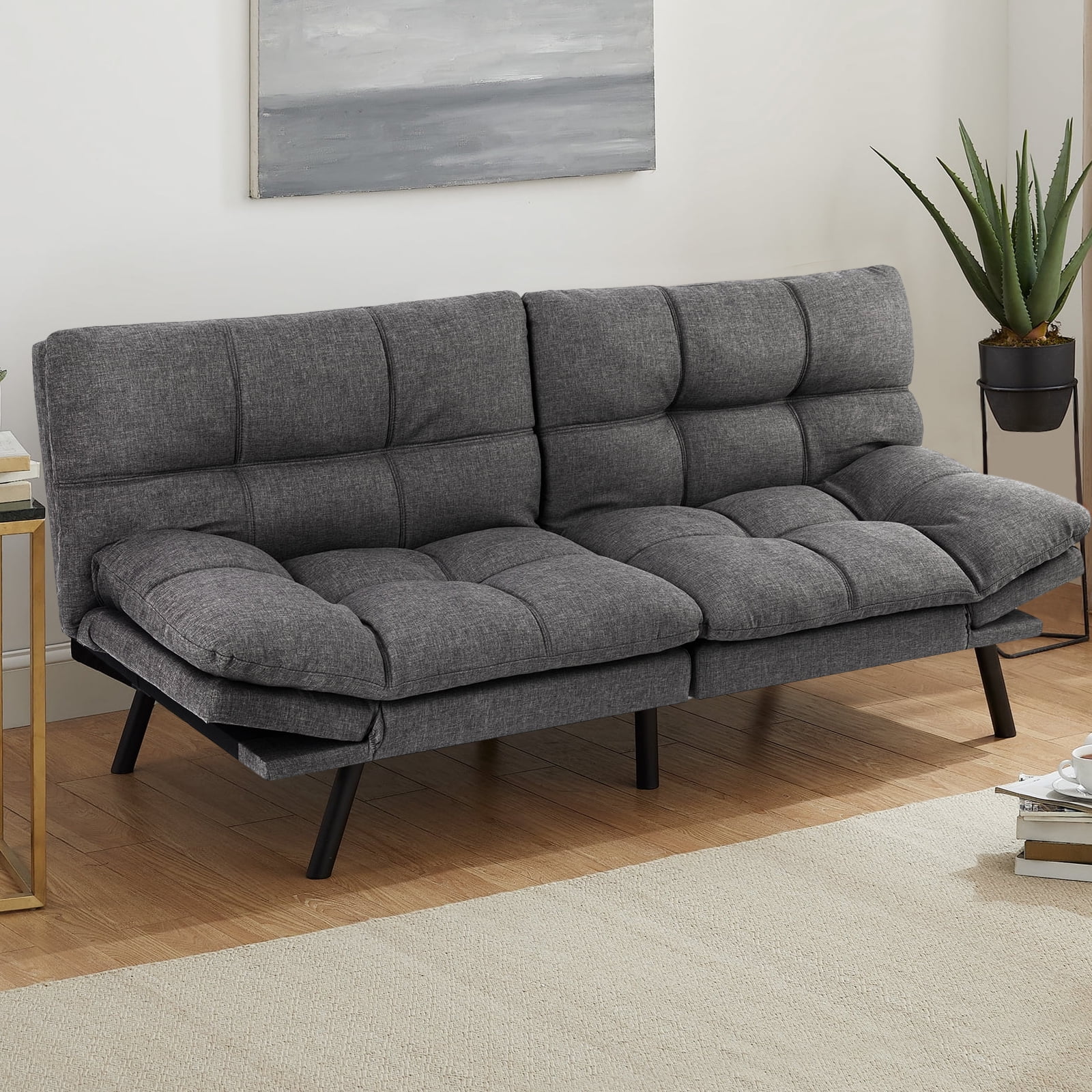 Futon Sofa Bed, Convertible Futon Sofa Memory Foam Double Sofa Bed with Adjustable Backrest and Armrests for Apartments, Dorms