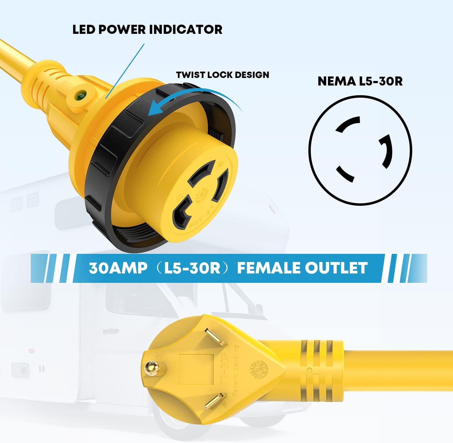 Kohree 50 Amp RV Power Extension Cord 25FT with Grid Handle Heavy Duty, 50M/50F 90 Degree RV Locking Adapter, LED Indicator & 30M/50F Power Adapter