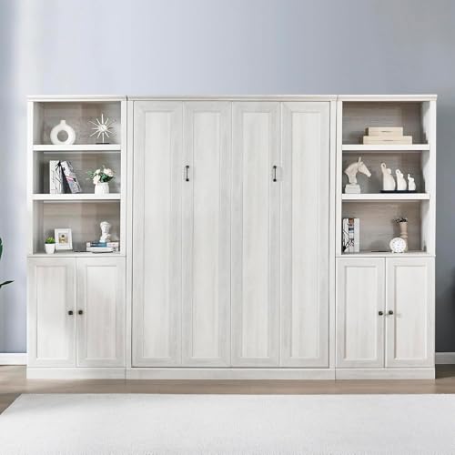 MERITLINE Queen Size Murphy Bed with Storage Bookcase Shelves,Cabinet and Charging Station,Wood Folding White Murphy Wall Bed