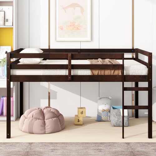 Low Loft Bed Twin Size, Kids Solid Wood Modern Loft Bed Frame with Ladder and Safety Guardrail for Girls Boys, Noise-Free,Non-Toxic Finishes