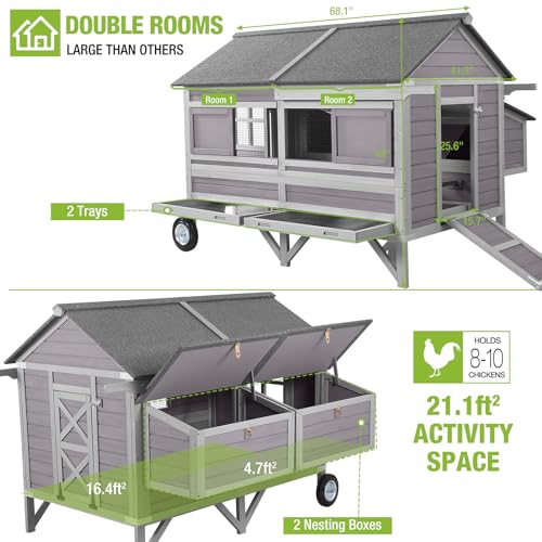 GUTIINNEEN Mobile Chicken Coop with Super Large Wheels and Four Nesting Boxes Mobile Duck House for 8-10 Chickens 68.1" L x 41.3" W x 49" H