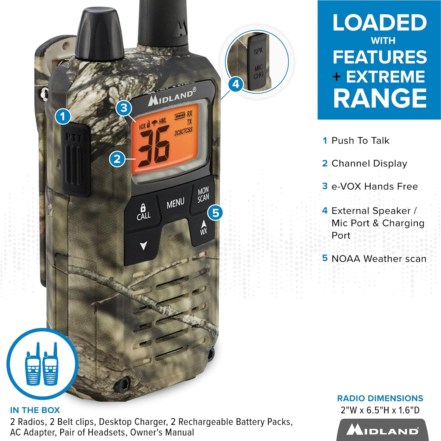 Midland T295VP4 X-TALKER GMRS Long Range Walkie Talkie - Two Way Radio with NOAA Weather Scan + Alert, and 121 Privacy Codes (Camo, 2 Radios)