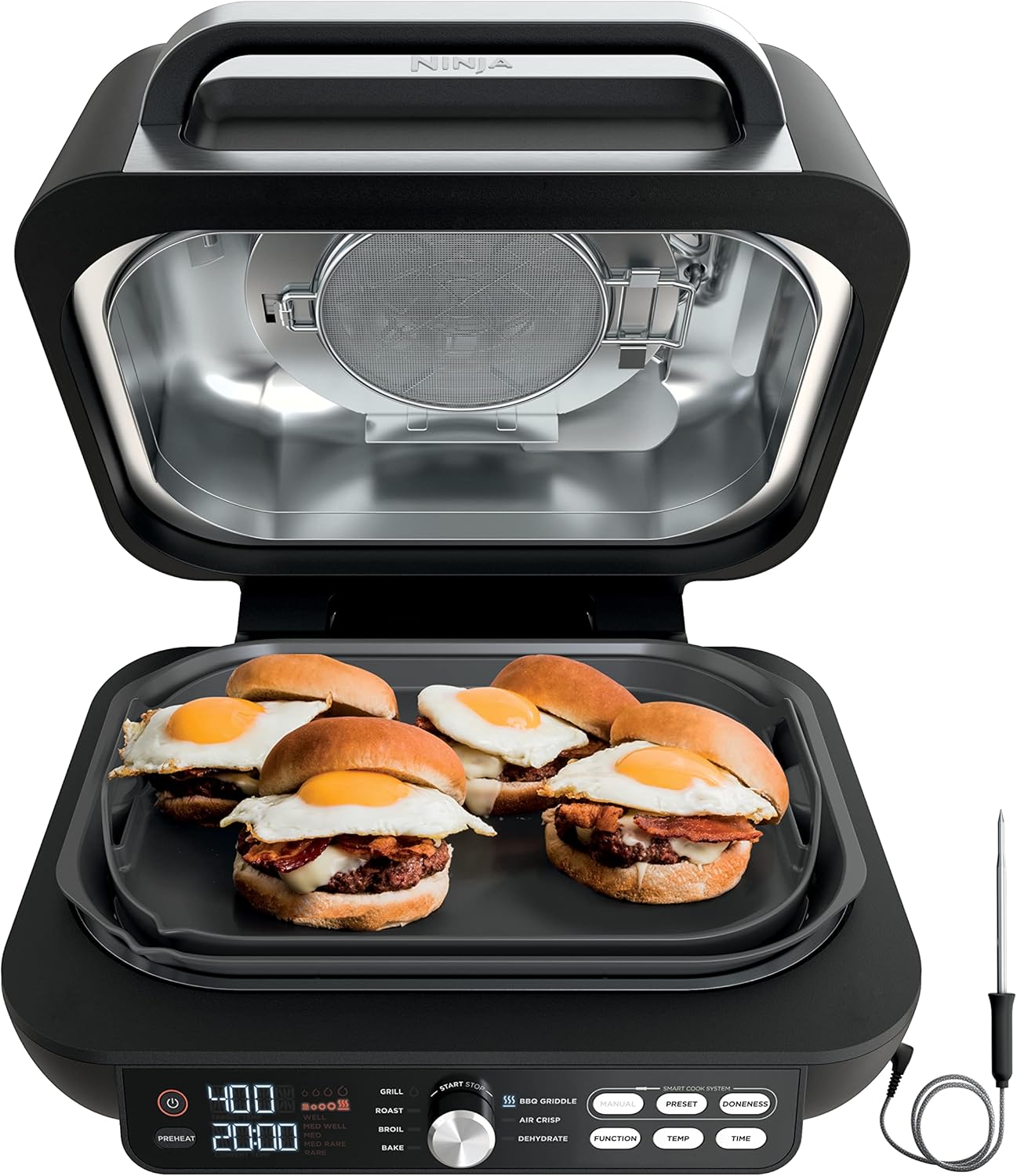 Ninja IG651 Foodi Smart XL Pro 7-in-1 Indoor Grill/Griddle Combo, use Opened or Closed, Air Fry, Dehydrate & More, Pro Power Grate, Flat Top, Crisper