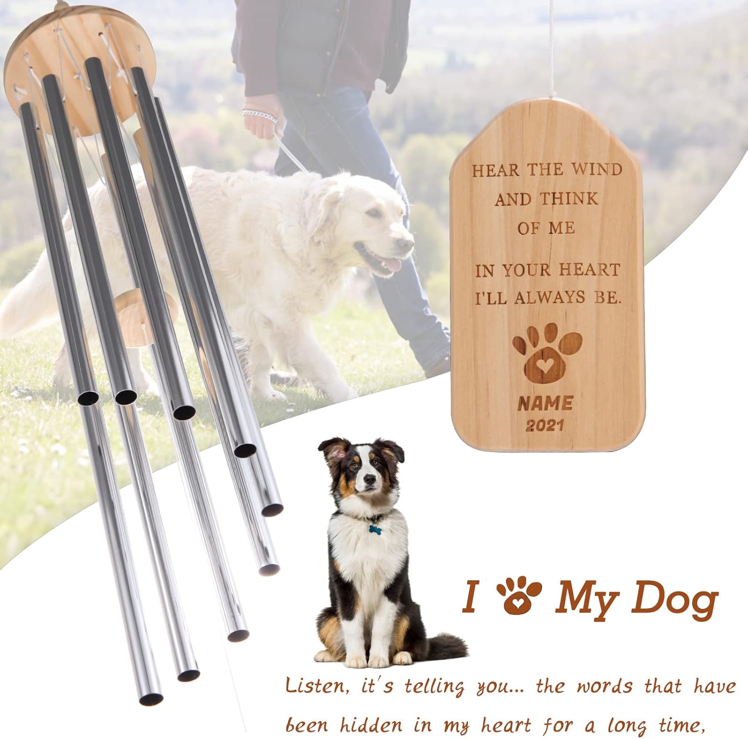 CWZY Pet Memorial Wind Chimes Paw Print Wind Chime Personalized Bereavement Wind Chime Remembrance Dog, Cat