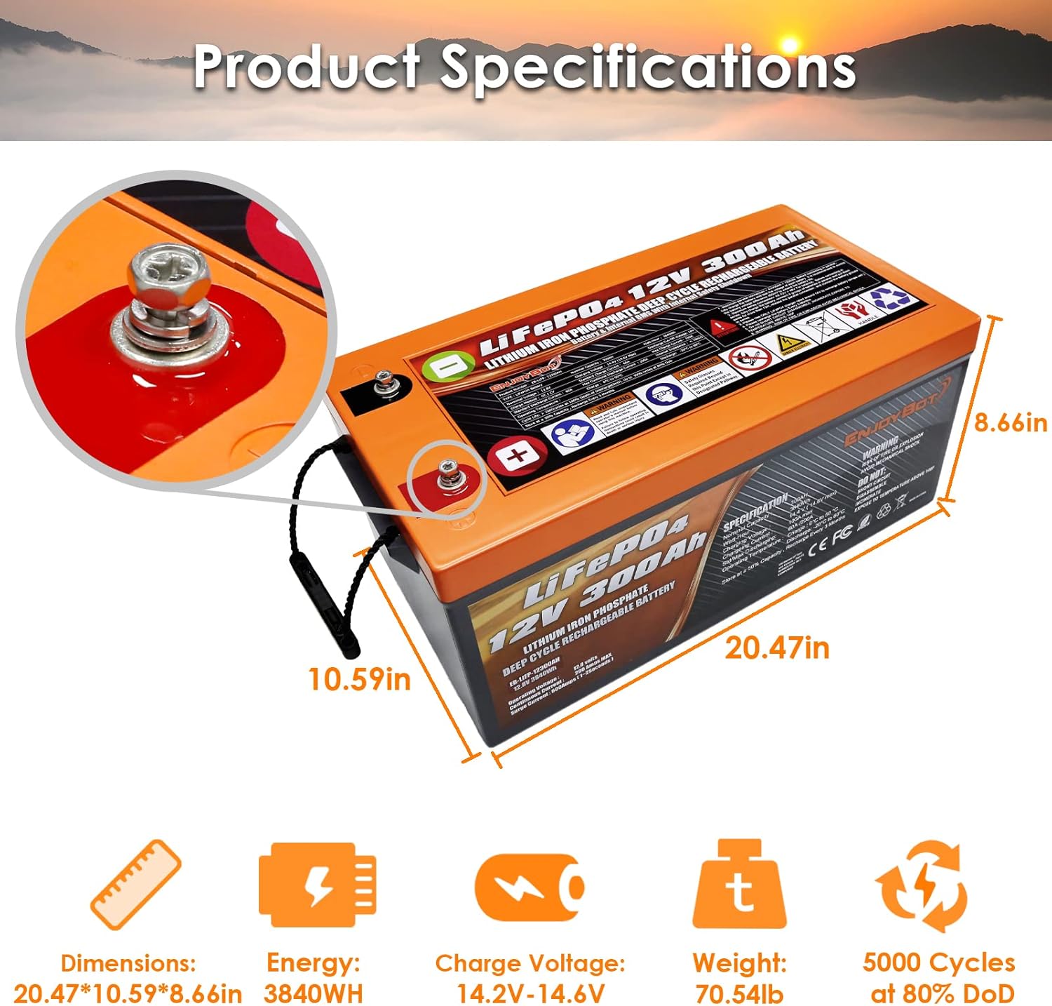 Enjoybot Deep Cycle Battery LiFePO4 12V 300Ah, Built-in 200A BMS, Lithium Iron Phosphate Battery for Solar RV Marine Camping