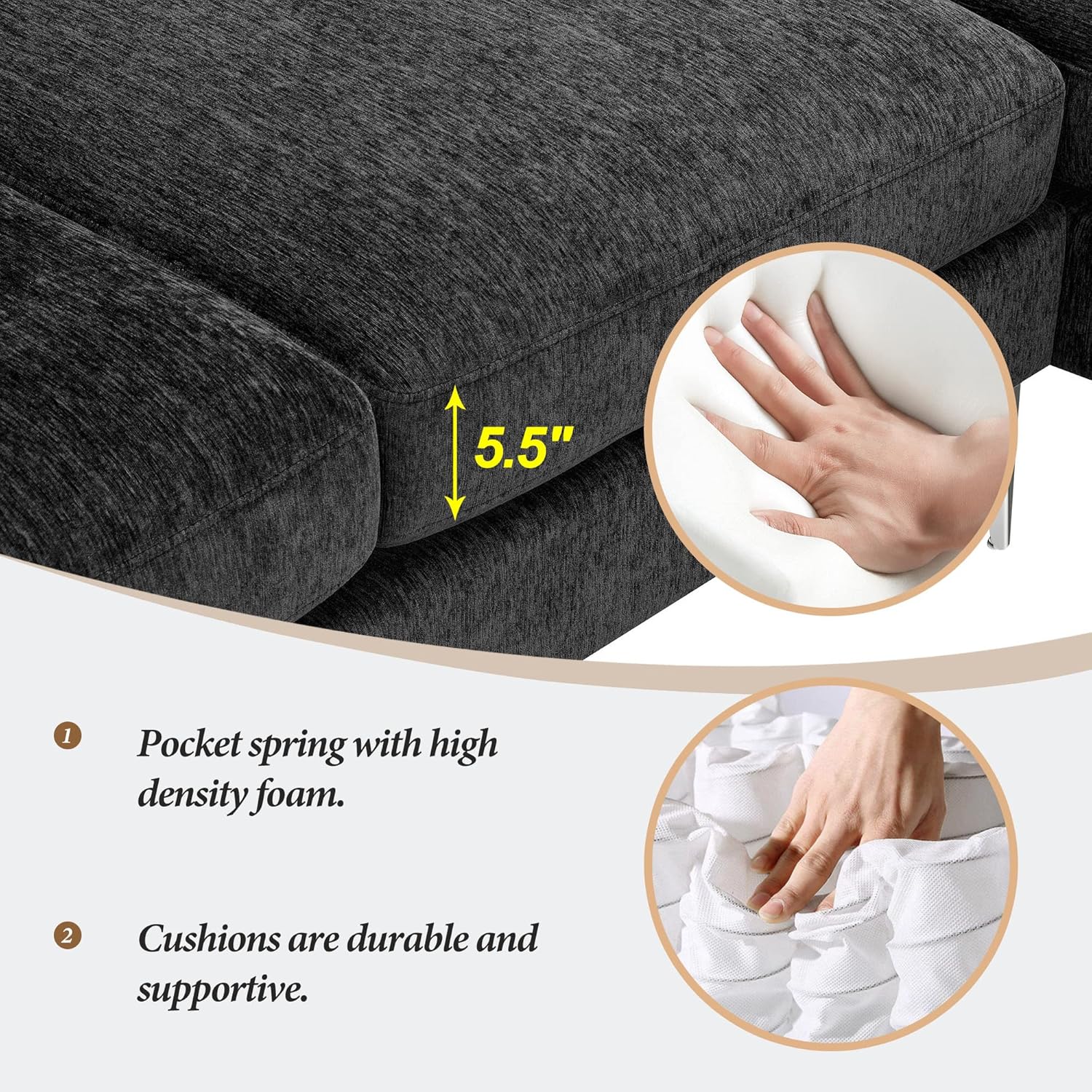 84" Convertible Sectional Sofa with 2 Pillows,Modern Chenille L-Shaped Metal Frame Couch W/Reversible Chaise Lounge,for Dorms,Apartments,Studios,Black