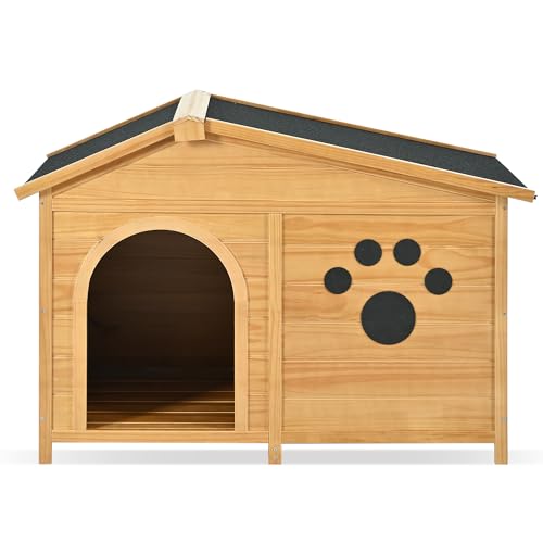 Outdoor Wooden Dog House,Waterproof Kennel with Deck and Sloped Roof,High Stability Pet Dog Cage for Small/Medium Puppy