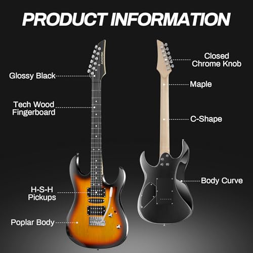 AODSK Electric Guitar with Amp Beginner Kit 39 Inch Solid Body Full Size,All Accessories,Digital Tuner,Six Strings,Four Picks,Tremolo Bar,Strap