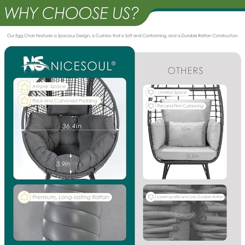 NICESOUL Stationary Egg Chair Indoor Outdoor Wicker Oversized Thick Cushions Egg Shaped Loveseat Chair