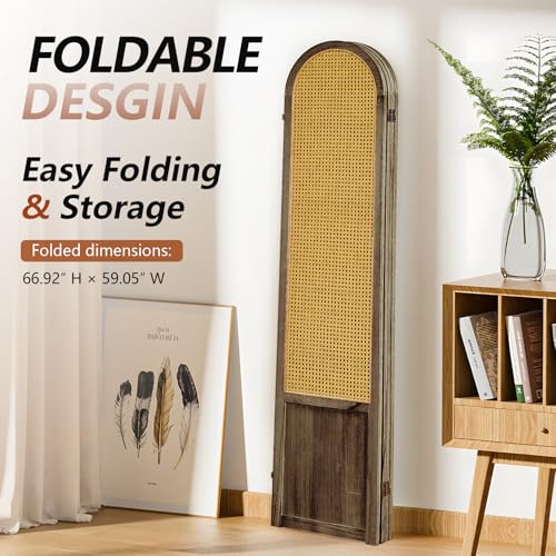 5.9 Ft Tall Hand-Woven Rattan Room Divider 3 Panels, Wood Room Divider Panel, Folding Screen Divider Wall, Wall Divider for Room Separation