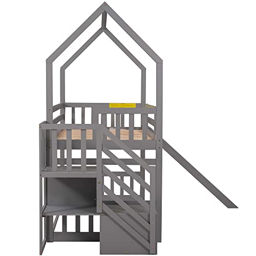 Merax Twin Over Twin House Bunk Bed Frames with Slide and Storage Staircase, No Box Spring Needed, White