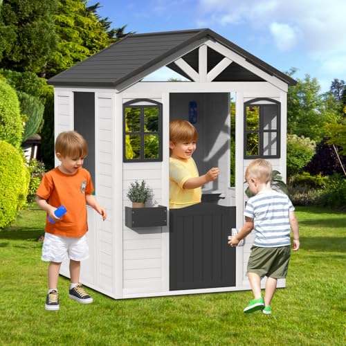 All Spruce Outdoor Kids Playhouse, Toddler Playhouse Wooden Playhouse for Kids Ages 3-10, with Sink, Stove, Flower Pot Holders, Phone