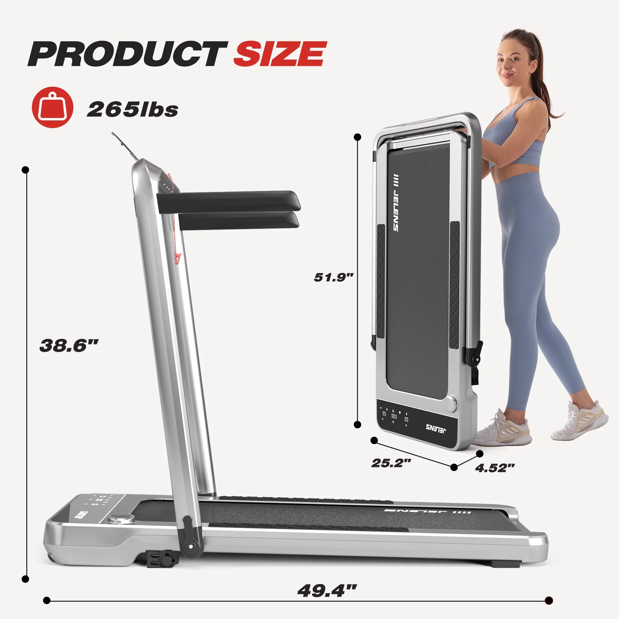 JELENS 2 in 1 Incline Treadmill Under Desk Walking Pad 2.5HP Home Folding Treadmills with Gesture Sensing Control