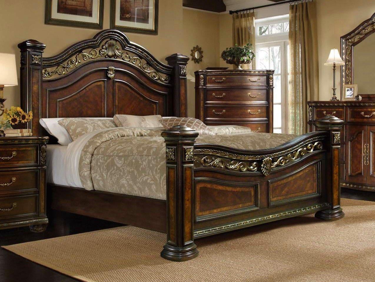 McFerran B163-CK Antique Brass Cherry Wood Finish California King Bed Classic