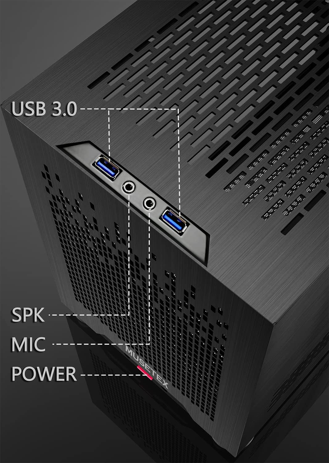 MUSETEX Mini-ITX PC Case, Tempered Glass Computer Gaming Case Small Compact, Aluminum Metal Brushed Texture Vented Panel, Black, T2
