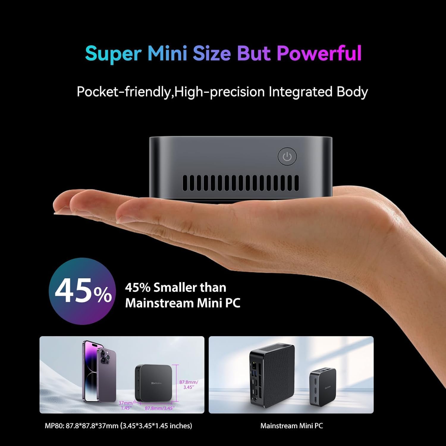 Blackview MP80 Mini PC Intel 12th N95(up to 3.4GHz), 16GB LPDDR5 512GB M.2 SSD Mini Desktop Computers Win 11, Support Dual LAN, 3 HDMI, 2.4/5G WiFi