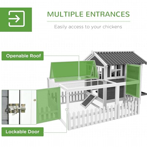 PawHut Wooden Chicken Coop with Run for 3-4 Chickens, Hen House with Nesting Box, Removable Tray, Fence, Outdoor Poultry Cage, 68" x 59" x 42", Gray