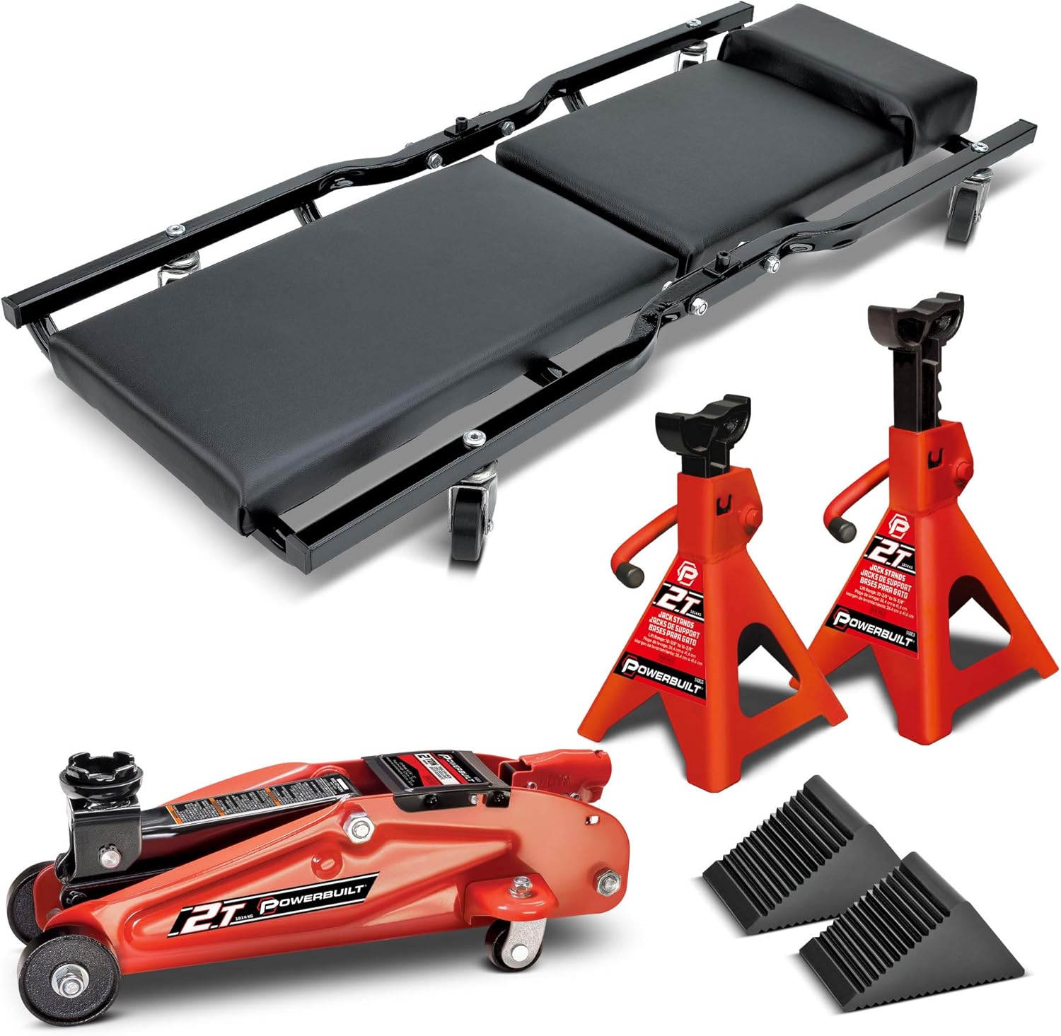 Powerbuilt 6 Piece Car Jack and Garage Creeper Service Set, 2 Ton Vehicle Lift, Jackstands, Folding Creeper, Wheel Chocks