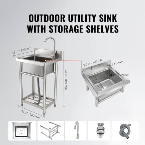 VEVOR Stainless Steel Utility Sink, 1 Compartment Free Standing Small Sink w/Workbench Faucet & legs
