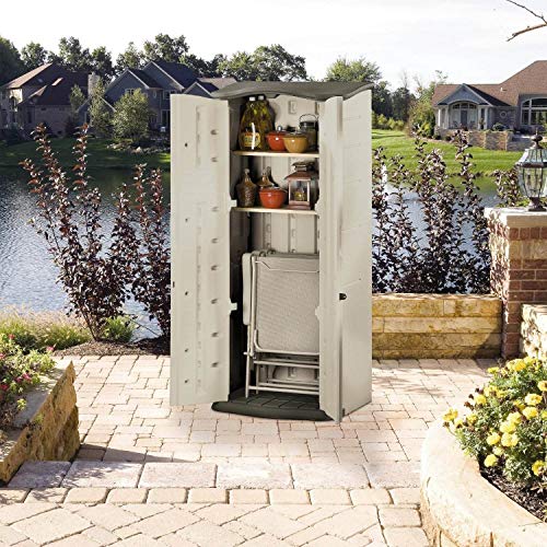 Rubbermaid Compact Vertical Resin Storage Shed With Floor (2 x 2.5 Ft), Weather Resistant, Beige/Brown