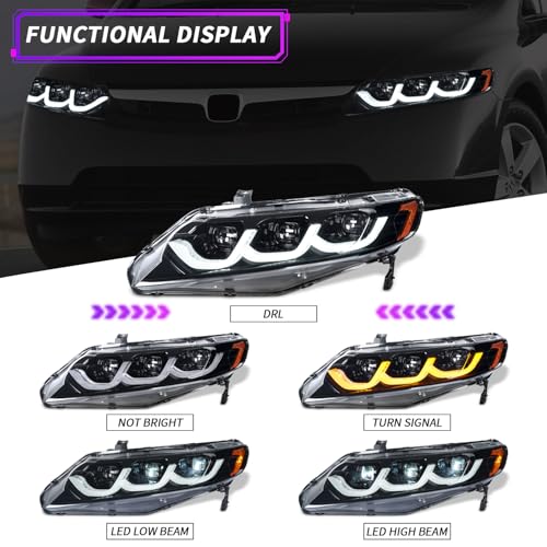 Full LED Headlights for Honda Civic Sedan 2006-2011, 3 Projector Head Lamp Assemblies for 8th gen Civic Sedan, Head Light with Sequential turn signal